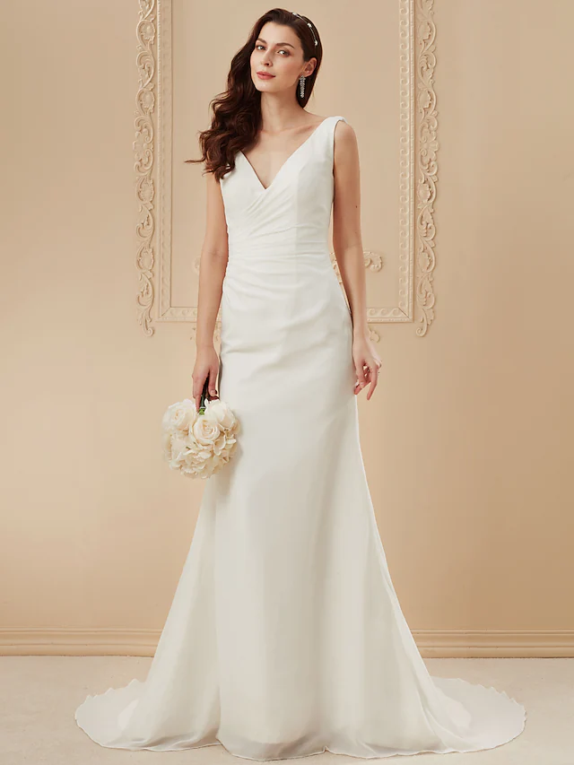 Luolandi Wedding Dresses V Neck Court Train Chiffon Over Satin Regular Straps Vintage Backless Elegant